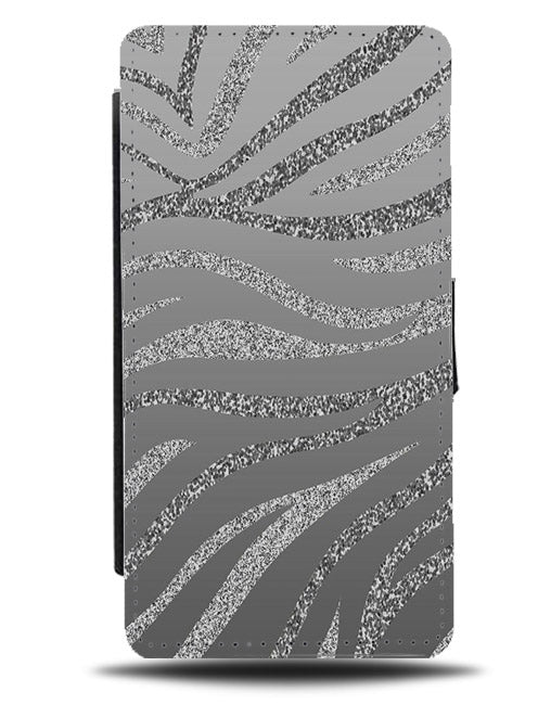 Silver Glittery Zebra Skin Flip Phone Case Cover Wallet Grey Glitter Print C243