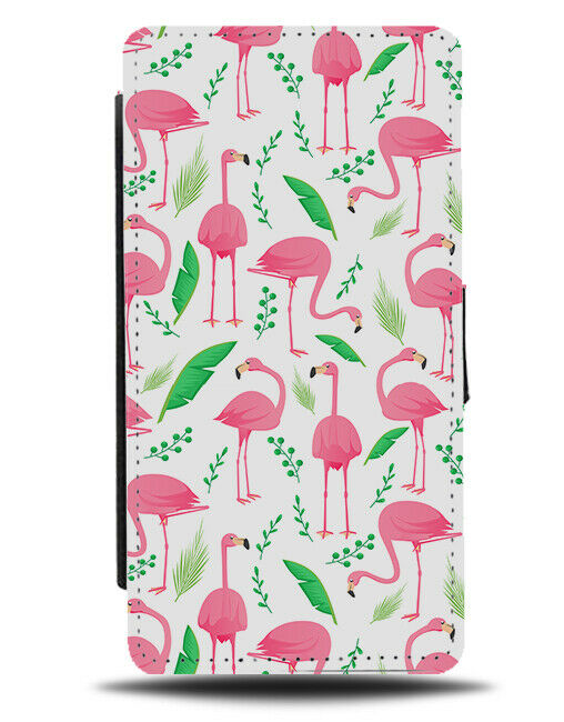 Pink Cartoon Flamingos Pattern Flip Cover Wallet Phone Case Tropical Leaves B780