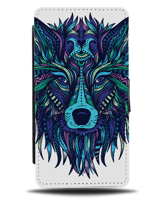 Tribal Wolfs Head Flip Wallet Case Wolves Wolf Hair Neon Green Pattern K467