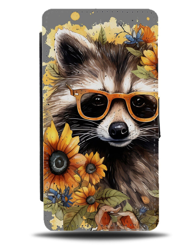 Sunflower Racoon Face Flip Wallet Case Sunflowers Raccoons Raccoon Head DH24