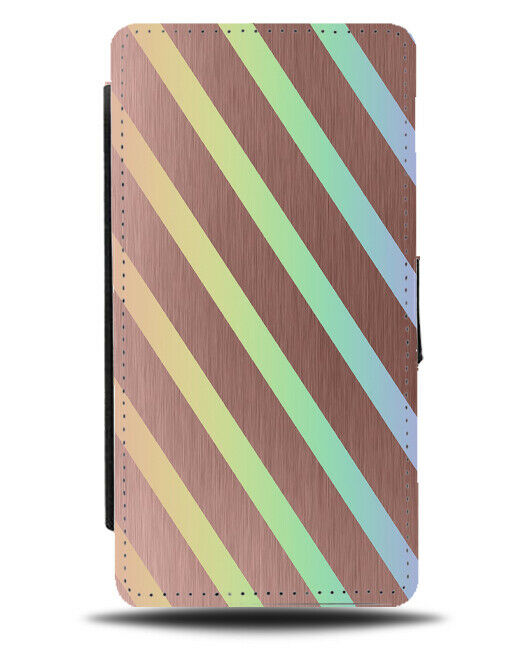 Rose Gold & Colourful Diagonal Stripes Flip Cover Wallet Phone Case Rainbow i839