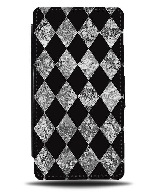 Black and Grey Silver Jester Pattern Flip Wallet Case Diamond Chequered E871