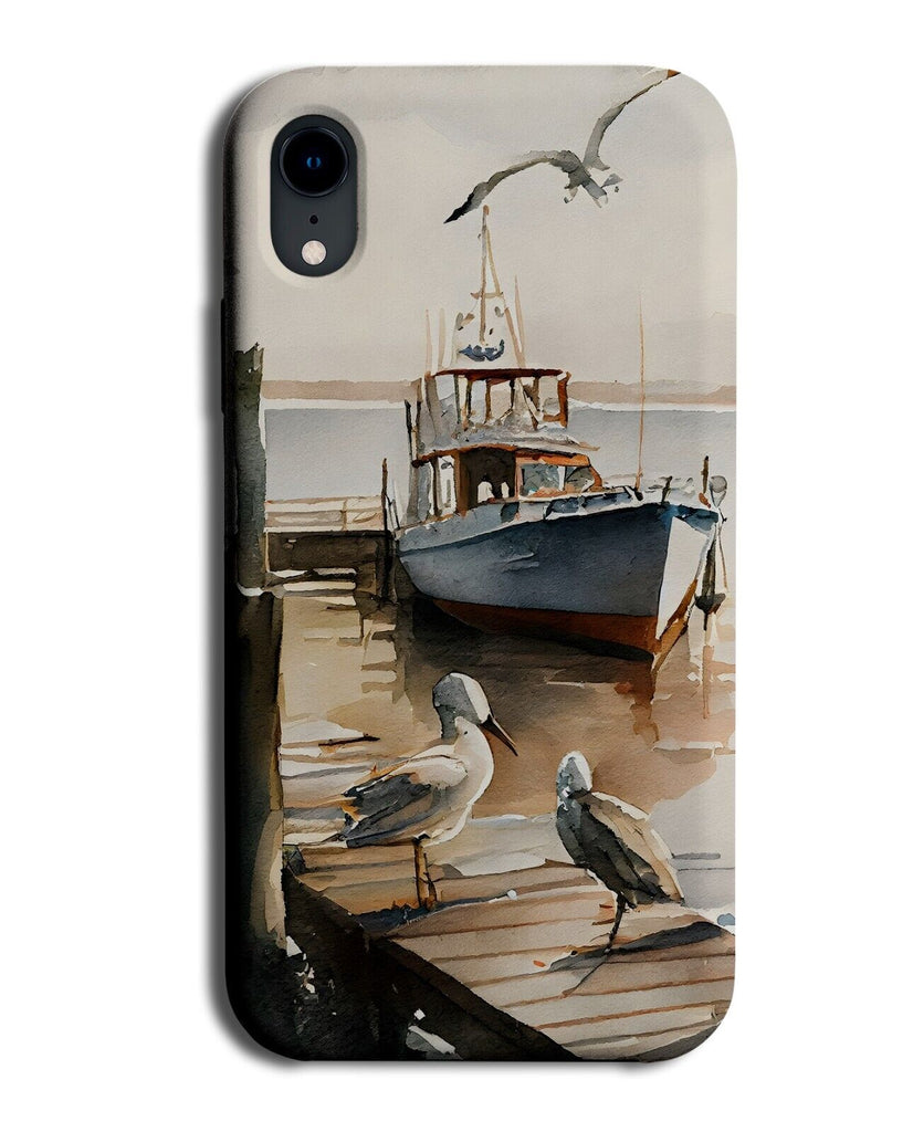 Watercolour Fishing Boat On Pier Phone Case Cover Boat Sea Gull Seagulls AV06