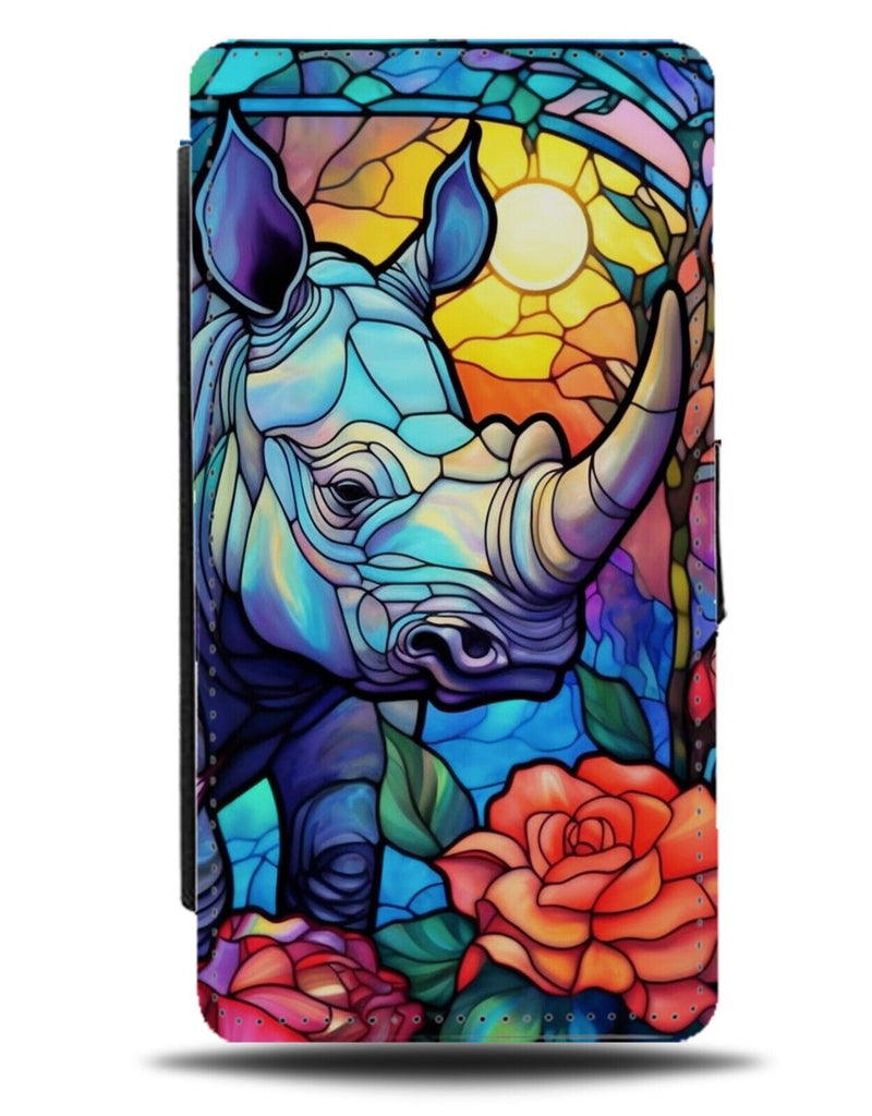 Rhino Stained Glass Design Flip Wallet Case Stain Window Style Rhinos Print CA05