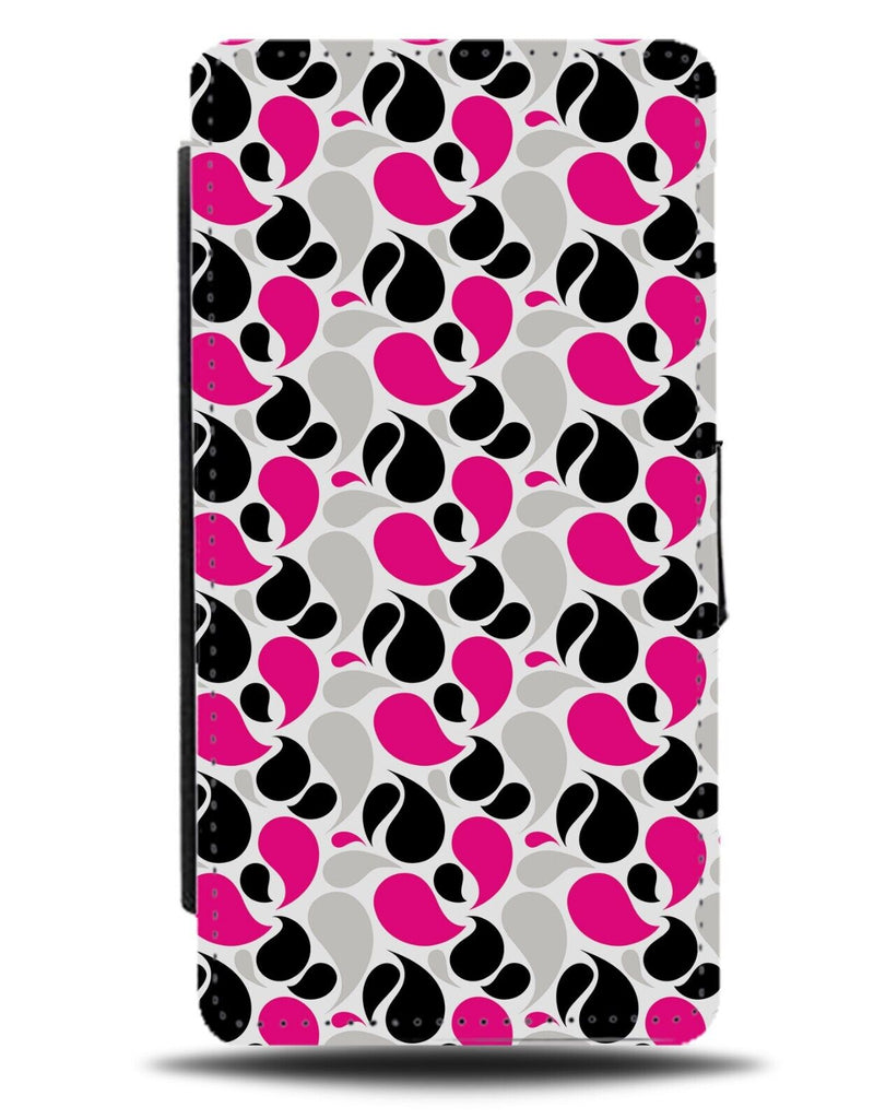 Pink And Black Paisley Shapes Flip Wallet Case Bohemian Teardrops Print & AE45