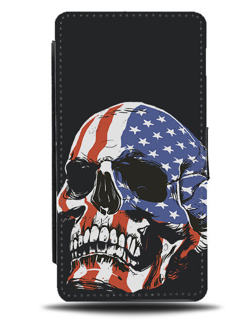 Patriotic American Flag Skull Flip Wallet Case Skeleton USA America Stripes N011
