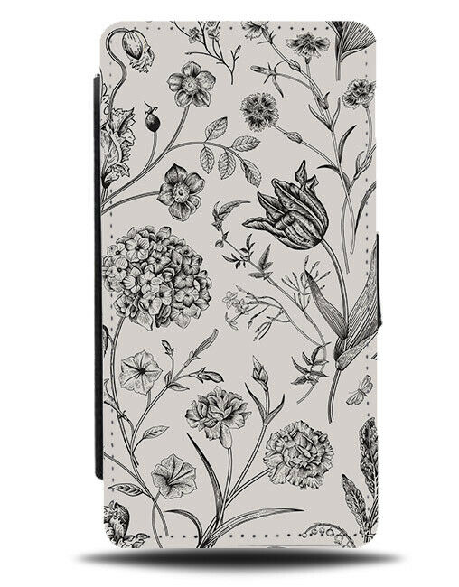 Black & White Vintage Floral Design Flip Wallet Case Flowers Flowery Sketch G207
