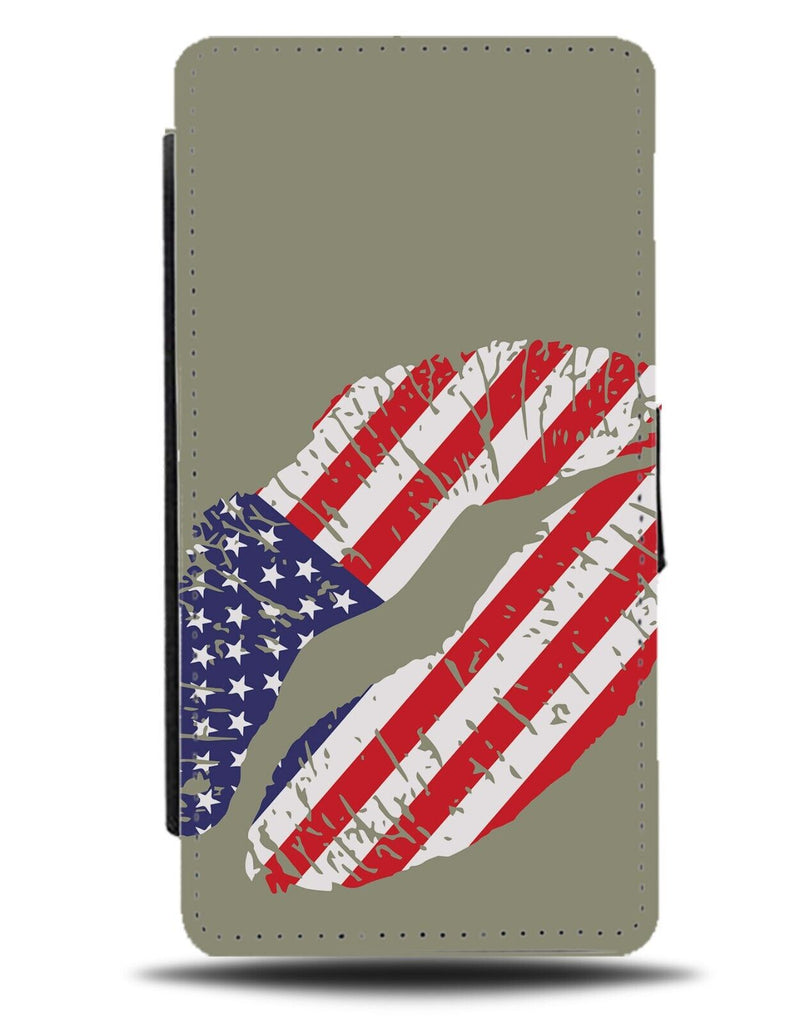 American Flag Flip Wallet Case Stars and Stripes Lipstick Kiss Mark Lips AN59