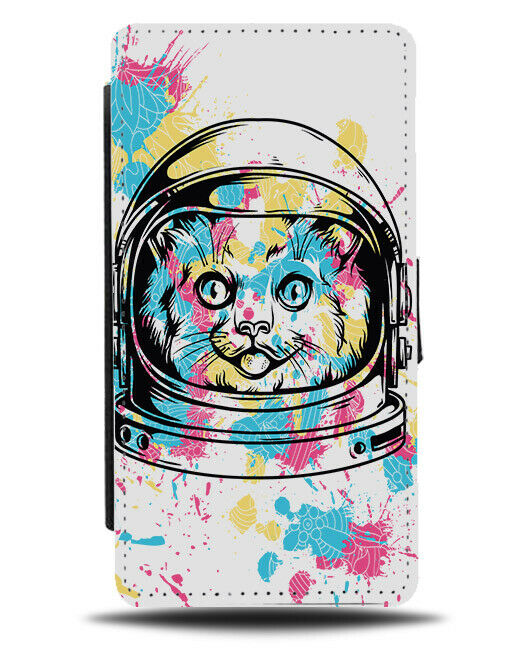 Colourful Cat Astronaught Helmet Flip Wallet Phone Case Paint Splats Marks E147