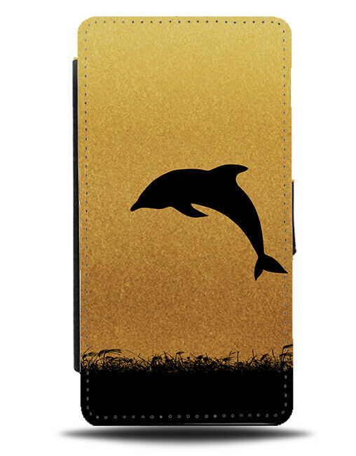 Dolphin Silhouette Flip Cover Wallet Phone Case Dolphins Gold Golden Black H989
