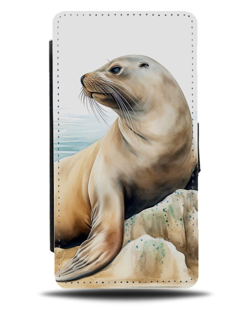 Sea Lion Oil Painting Flip Wallet Case Seal Lions Watercolour on Rock Novel DF64