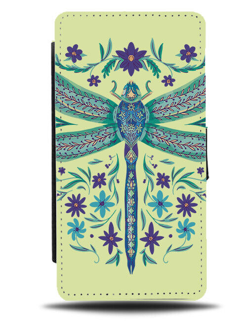 Floral Dragonfly Flip Wallet Case Dragon Fly Flowers Yellow Dragonflys N389