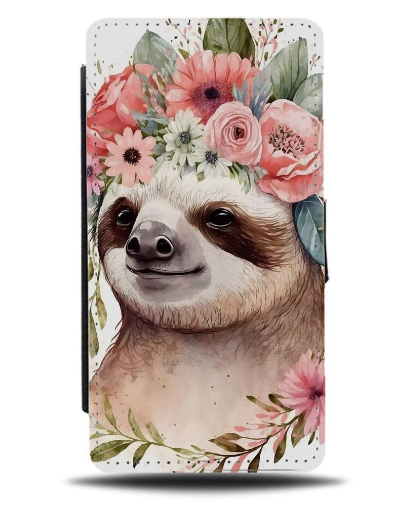 Sloth In Flower Crown Flip Wallet Case Floral Boho Watercolour Sloths Face BD17