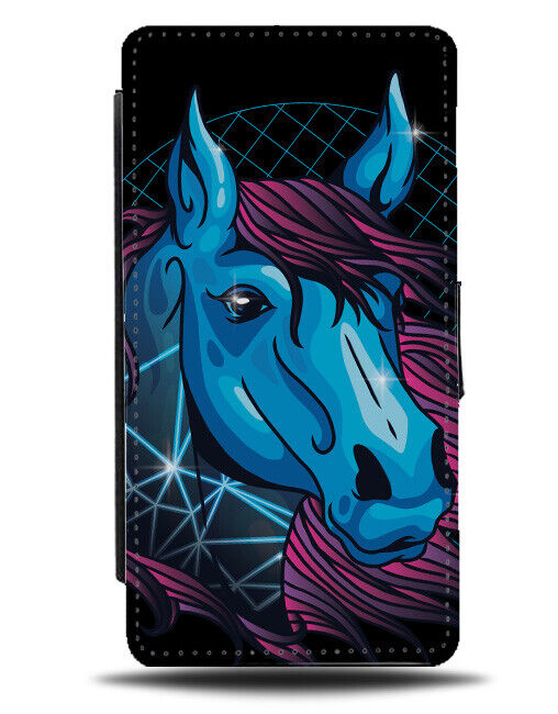 Neon Horse Face Flip Wallet Case Colourful Blue Raver Party Horses Head J550