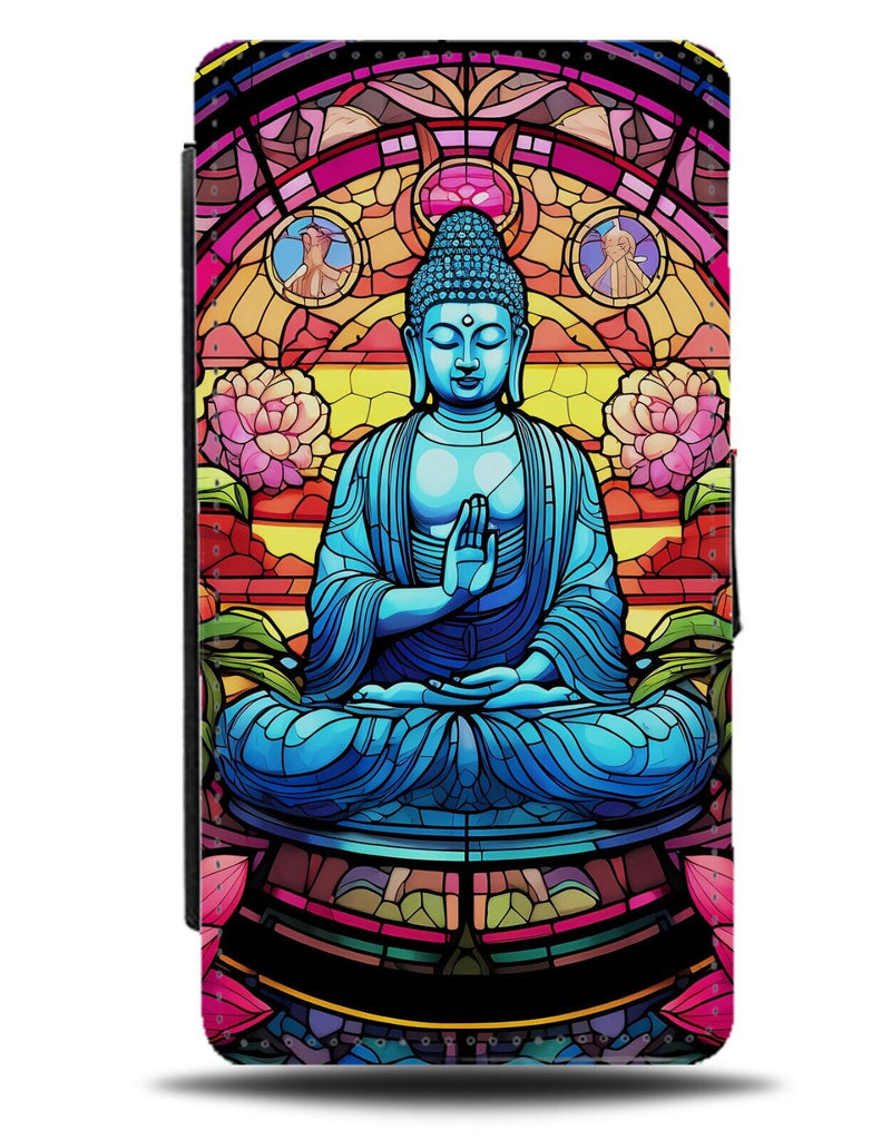 Buddha Stained Glass Design Flip Wallet Case Buddhas Colourful Blue Asian CZ35