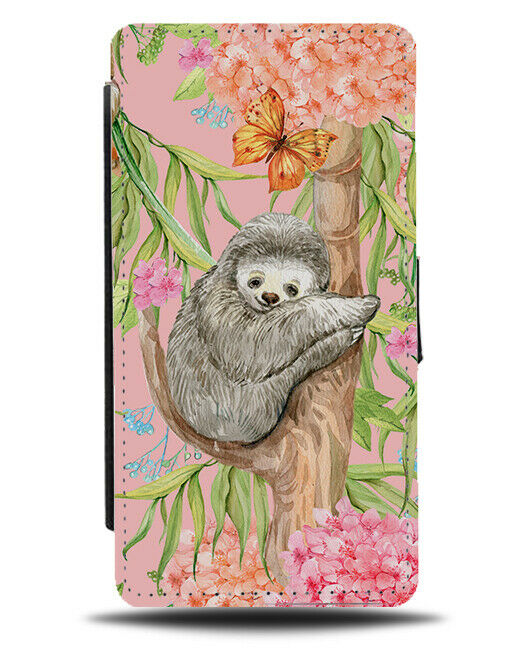 Pink Cuddling Sloth On Tree Flip Wallet Case Coloured Cuddle Slothy Face G295