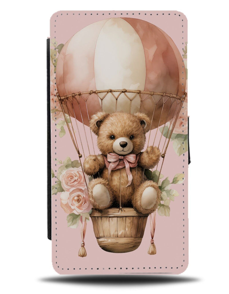 Pink Teddy Bear Floating In Hot Air Balloon Flip Wallet Case Teddies Flying DG12