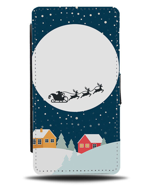 Christmas Eve Flip Wallet Case Santa Sleigh Flying Moonlight Reindeers N869