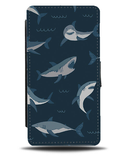 Dark Blue Shark Pattern Flip Wallet Case Sharks Shapes Pictures Fins Fin G116