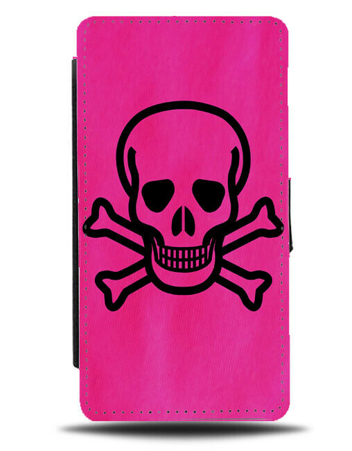 Neon Pink Skull Flip Cover Wallet Phone Case Bones Gothic Princess Goth D792