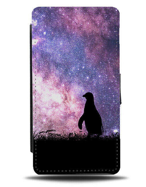 Penguin Silhouette Flip Cover Wallet Phone Case Penguins Space Stars Sky i188