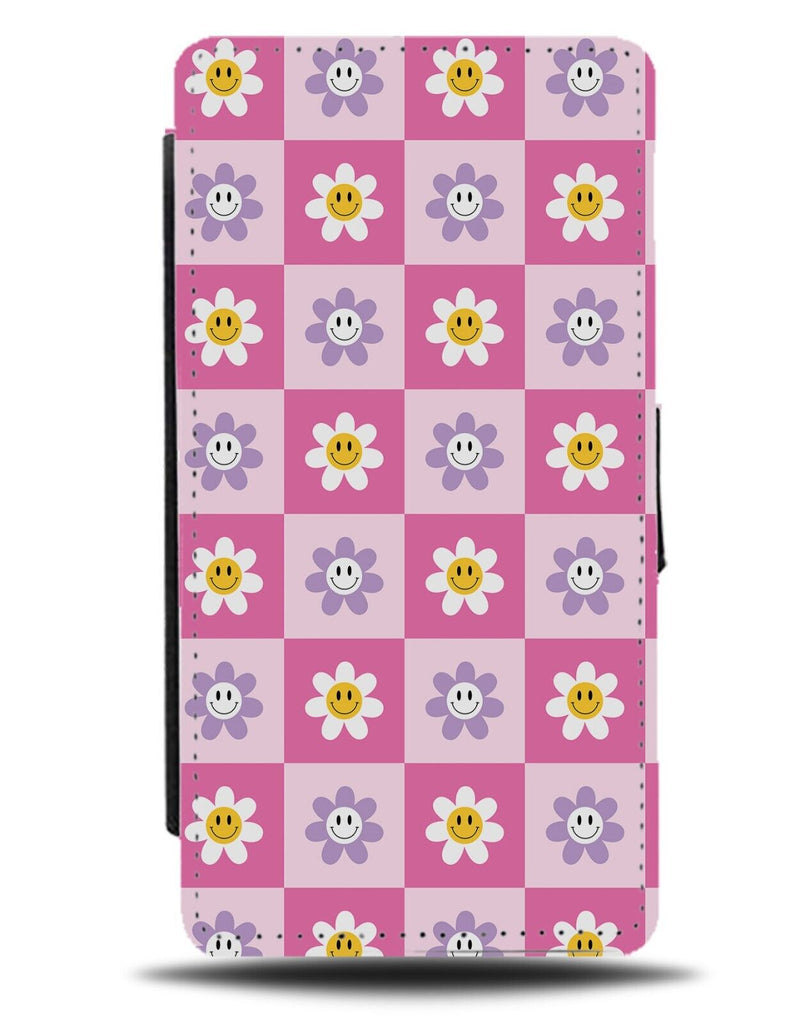 Hot Pink and Baby Pink Chequered Flip Wallet Case Squares Flowers Daisies BB51