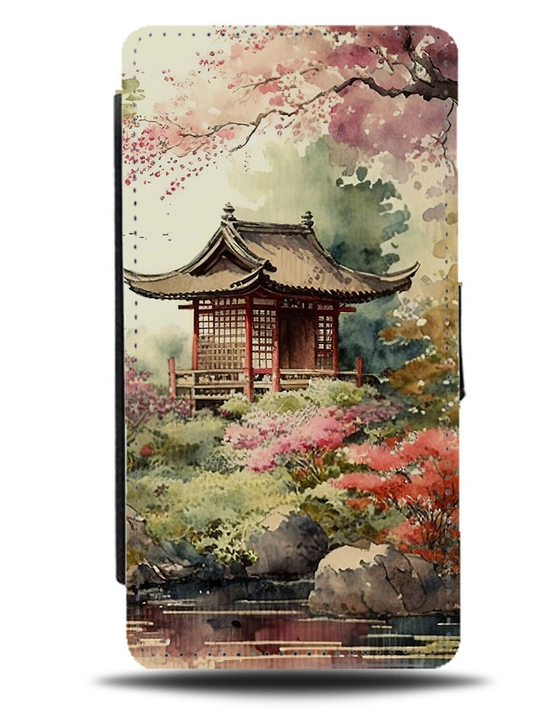Cherry Blossom Temple Garden Flip Wallet Case Blossoms Pink Leaves Tree BE06