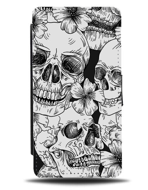 Dark Gothic Cartoon Skulls Flip Wallet Case Drawing Art Skull Heads Floral E622