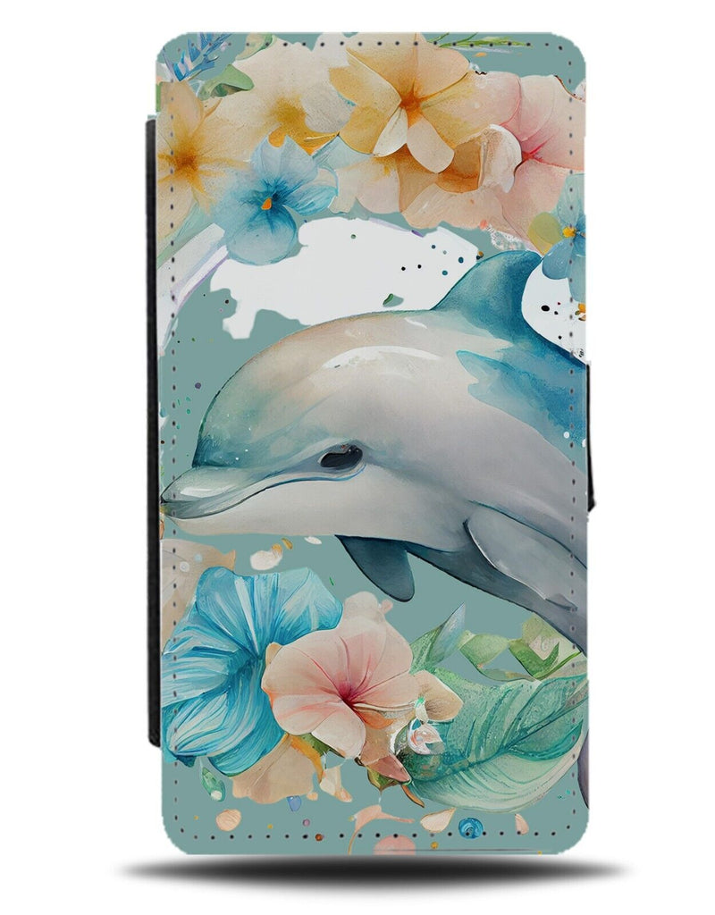 Floral Dolphin Flip Wallet Case Dolphins Flowers Lillies Lily Lei Hawaiian AL57