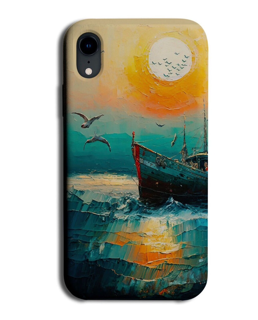 Retro Oil Painting Boat In Ocean Phone Case Cover Boats Fishing Sunrise AZ76