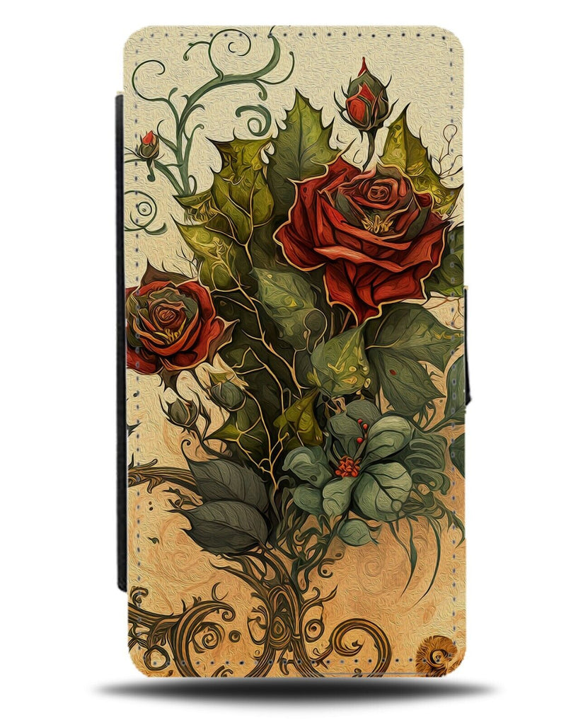 Old Looking Bunch Of Red Roses Flowers Flip Wallet Case Fone Vintage Retro AS70