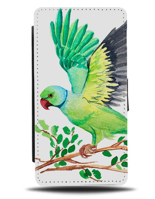 Ring Necked Parakeet Green Watercolour Oil Painting Photo Flip Wallet Case H280