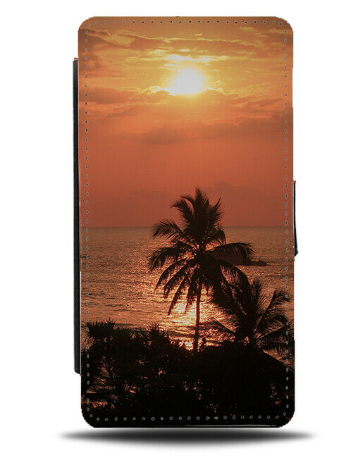 Sunset Palm Tree Silhouette Flip Wallet Case Trees Shadows Outline Ocean H249
