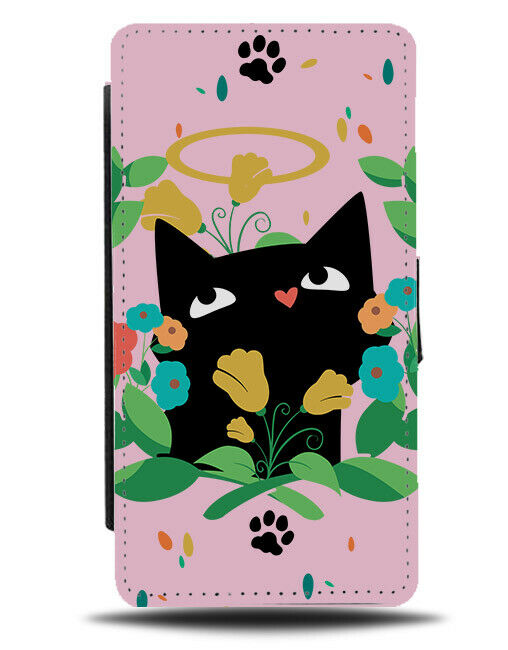 Pink Cat Flip Wallet Phone Case Black Cat Cartoon Angel Paw Animal Kids E422