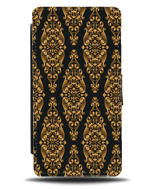 Black and Gold Curtain Wallpaper Pattern Flip Wallet Case Floral Background H642
