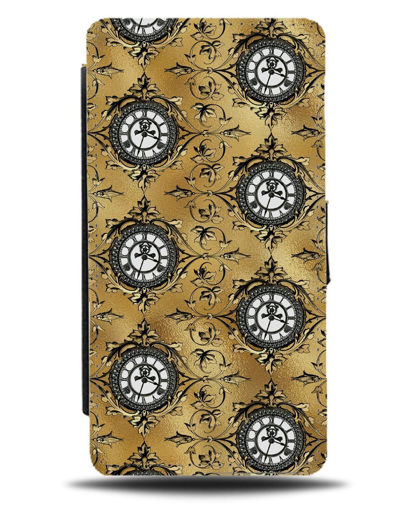 Gold Gothic Clocks Flip Wallet Case Clock Hands Time Goth Golden Roman Old AI57