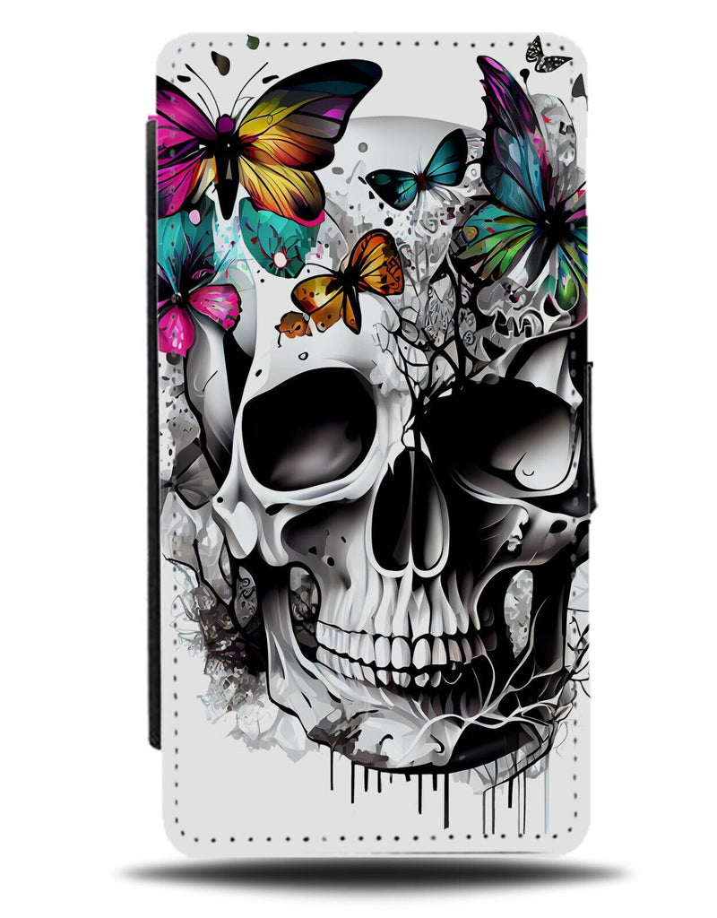 Skeleton Head & Butterflys Flip Wallet Case Skull Flying Round Butterflies BA86