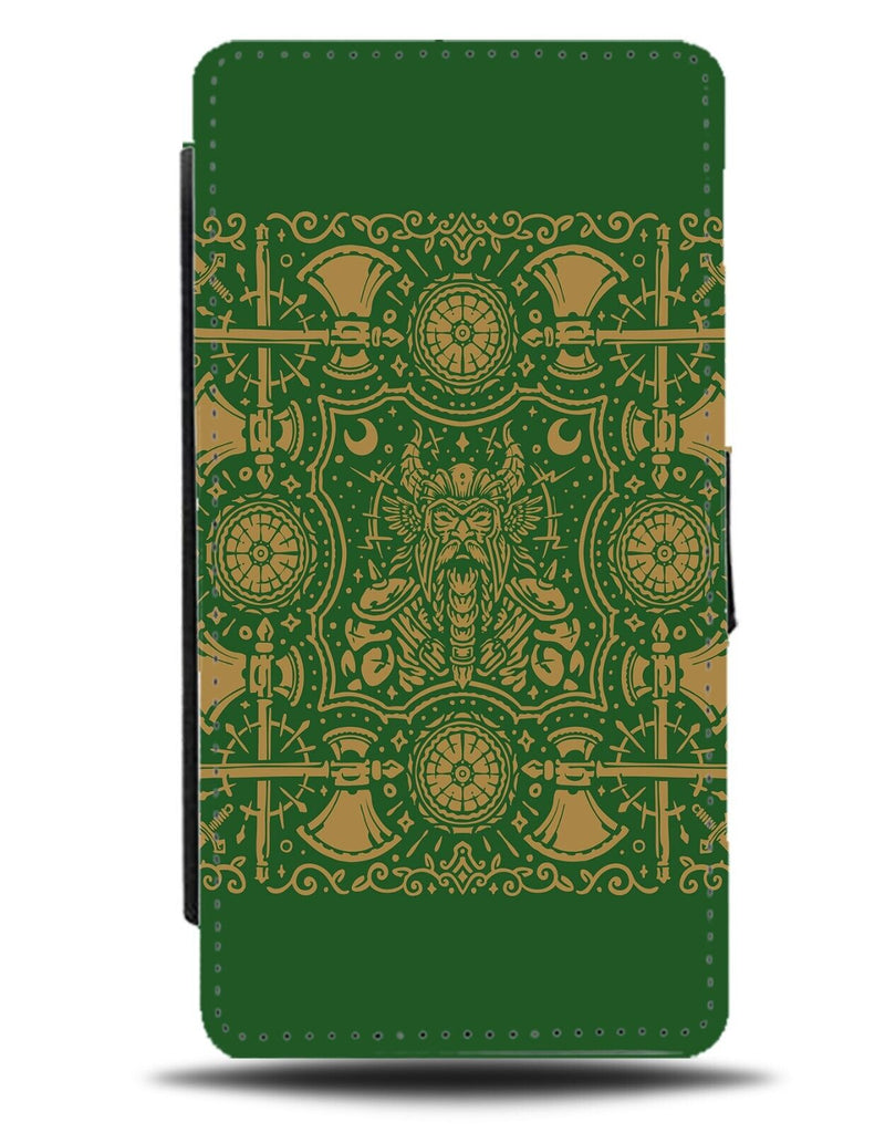 Green and Gold Vikings Face Flip Wallet Case Viking Warrior Spartan Helmet CT37