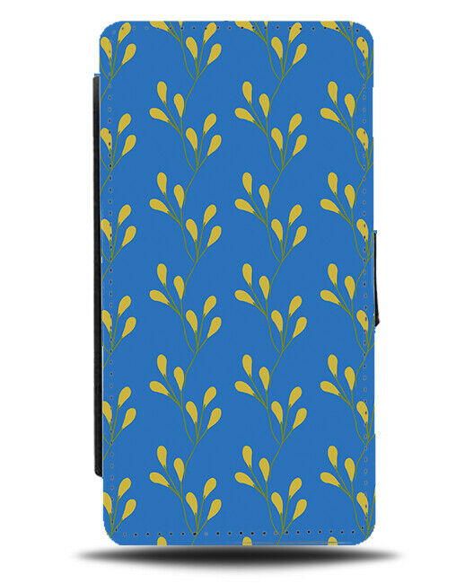 Blue and Yellow Floral Leaves Flip Wallet Case Leafy Design Pattern Print F917