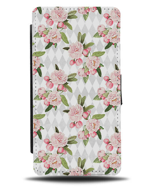 Chequered Floral Pattern Flip Wallet Case Print Flowers Roses Pink Style F037