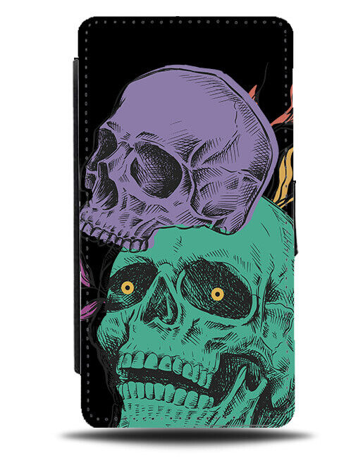 Purple & Green Skulls Flip Wallet Case Creepy Spooky Halloween Adults N442