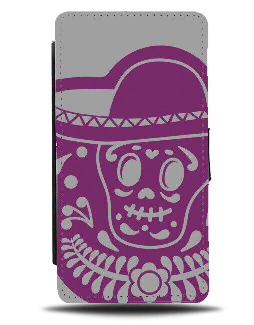 Purple and Grey Mexican Skull Silhouette Shape Flip Wallet Case Skeleton J773