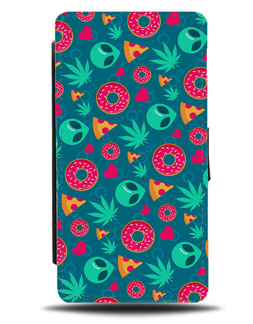 Alien Pattern Flip Wallet Case Aliens Weed Doughnuts Pizzas Canabis Symbol E701