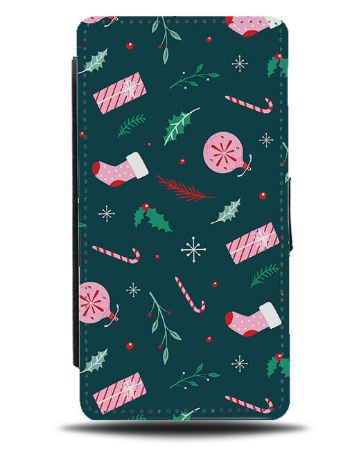 Christmas Pattern Elements Flip Wallet Case Candy Canes Stockings Festive N923