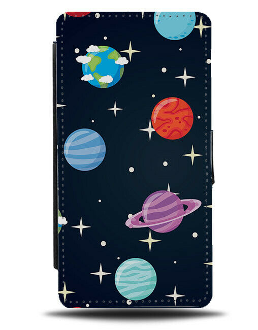 Cartoon Planets Flip Wallet Case Planet Drawing Nightsky Night Stars Star G582