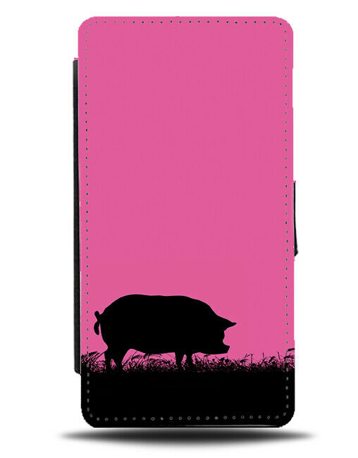 Pig Silhouette Flip Cover Wallet Phone Case Pigs Hot Pink Black Coloured I034