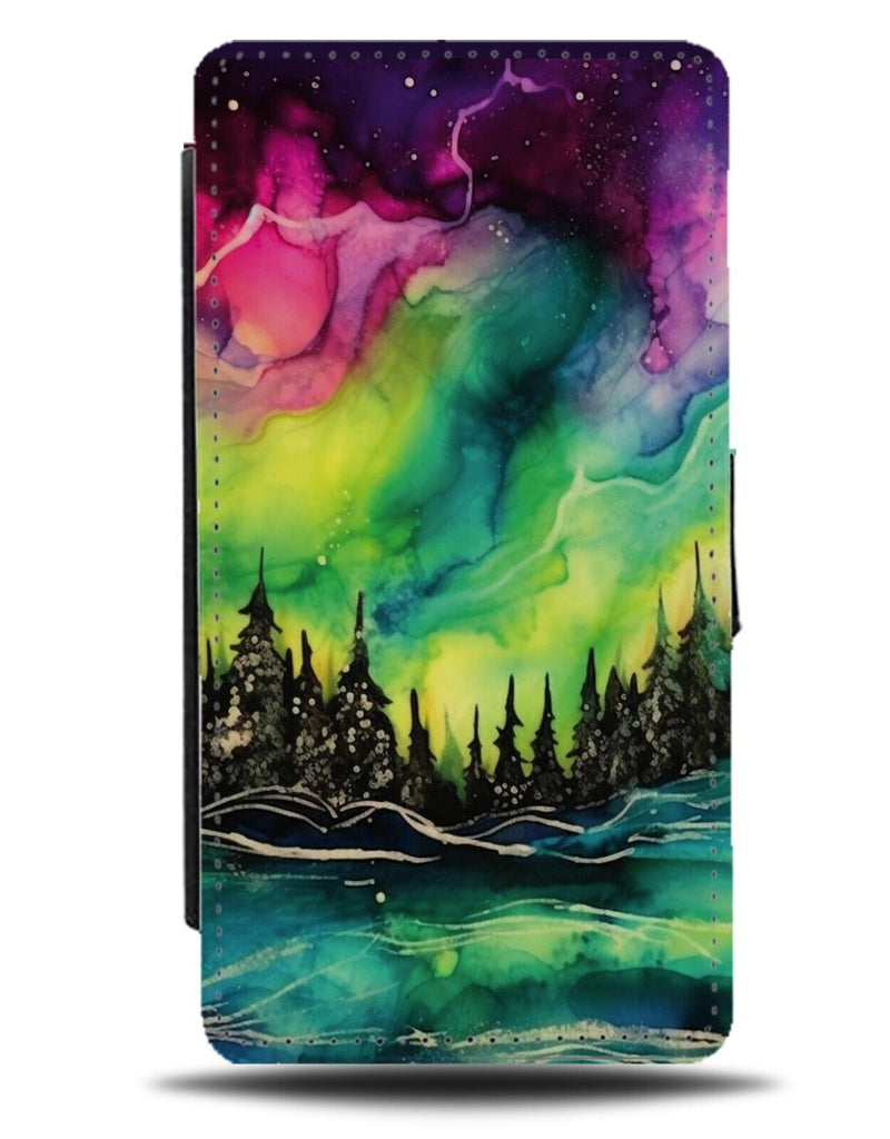 Colourful Space Treetops Flip Wallet Case Northern Lights Silhouette Artic CI34