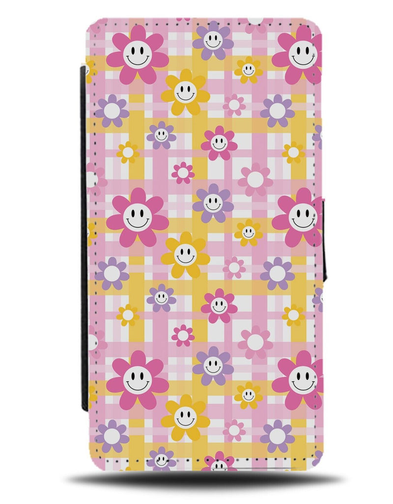 Pink Gingham Smiley Face Flowers Flip Wallet Case Flower Smile Faces Spring BB49