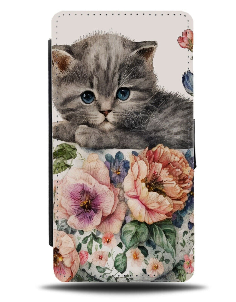 Baby Kitten In Mug Flip Wallet Case Cup Tea Funny Cute Flowers Tiny Teacup BB72