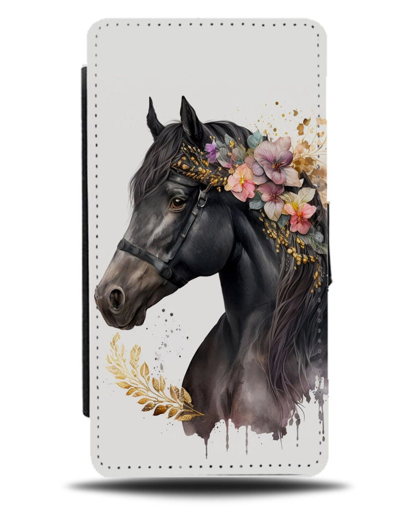 Floral Horse Painting Flip Wallet Case Watercolour Horses Head Black Pony BF75